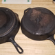 11" Erie on the left, 10" Lodge on the right. Both made in the USA. the Erie has a heat ring, although it’s worn down enough to protrude only slightly. The Lodge has the signiture engraved ring. The handle of the Erie is concave on the underside, as apposed to the fuller handle on the Lodge.